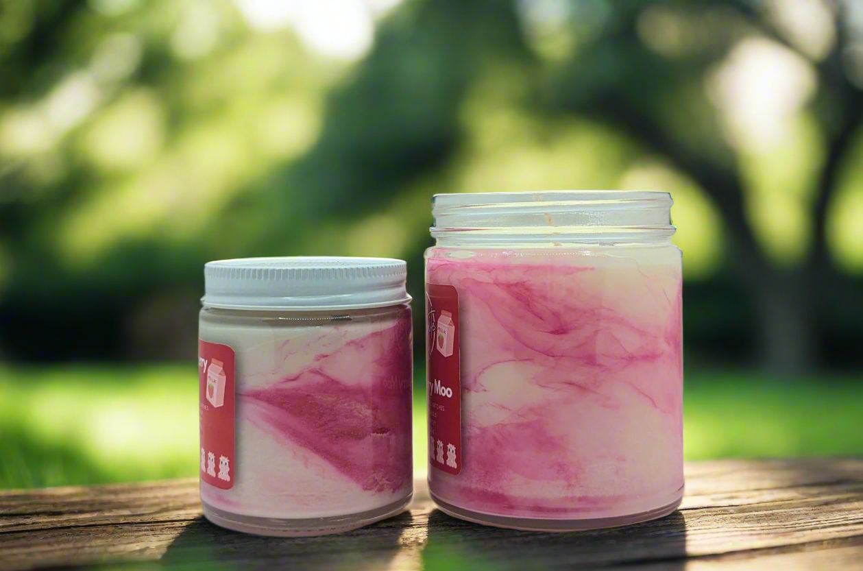 Two jars with pink and white marbled design on a light gray background