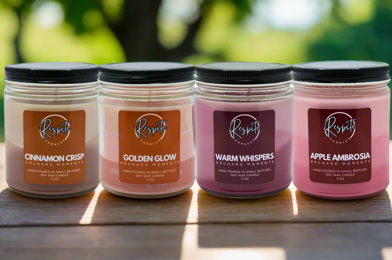 Orchard Moments Collection Candles. Contains 4 scents - Cinnamon Crisp, Golden Glow, Warm Whispers, and Apple Ambrosia