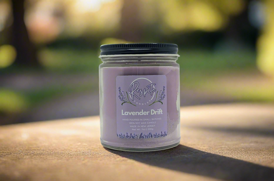 Candle jar labeled 'Lavender Drift' on a white background